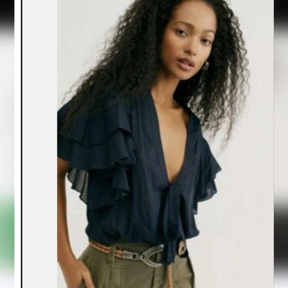 FREE PEOPLE Call Me Later Ruffle Tie Front Boho Rayon Blouse Top.Black. Size SM - Picture 12 of 16